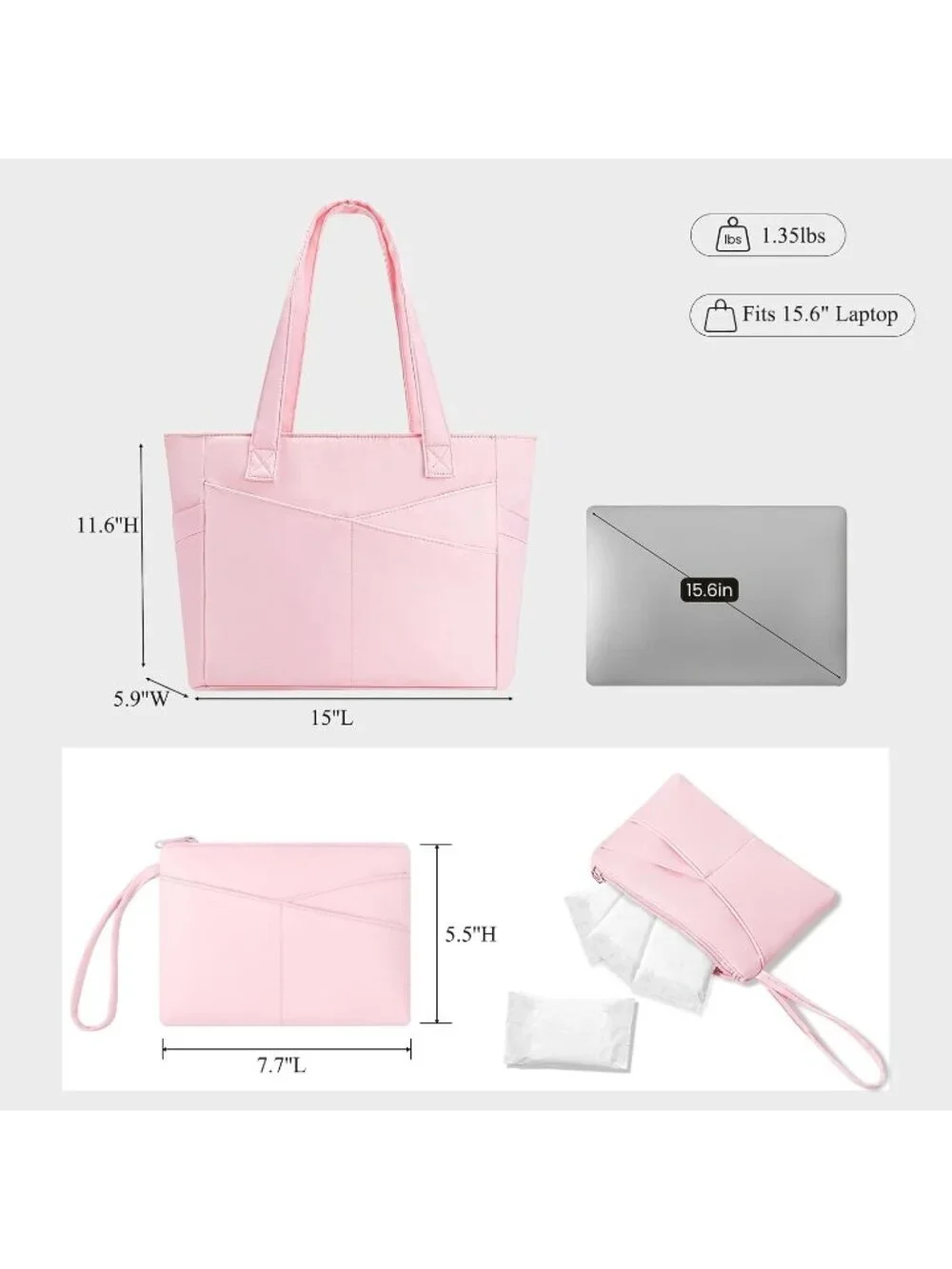 👜Women's Pink Nylon Large Tote Bag With Zipper 15.6 Laptop Sleeve Work Bag